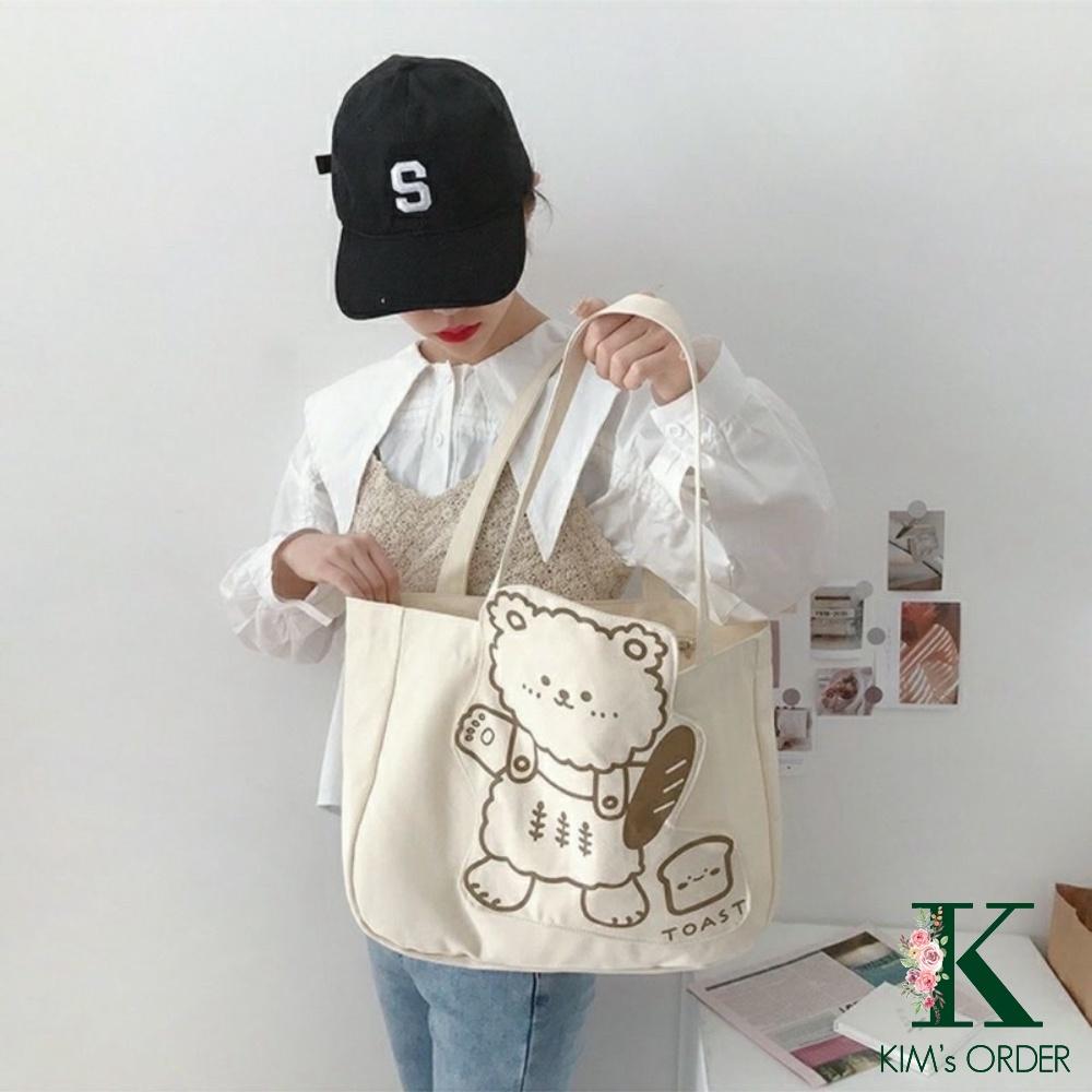 Túi tote túi vải canvas hình gấu phong cách Hàn Quốc, có khóa miệng tiện dụng, đi học đi chơi đi làm cute dễ thương
