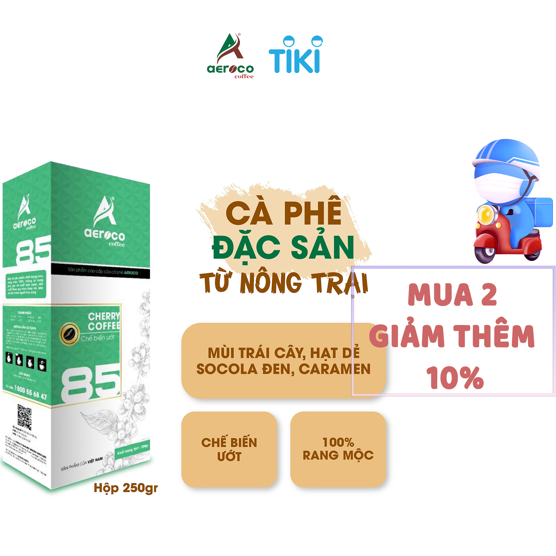 Cà phê bột pha phin AEROCO 85 nguyên chất 100% rang mộc hậu vị ngọt thơm quyến rũ, hộp 250g