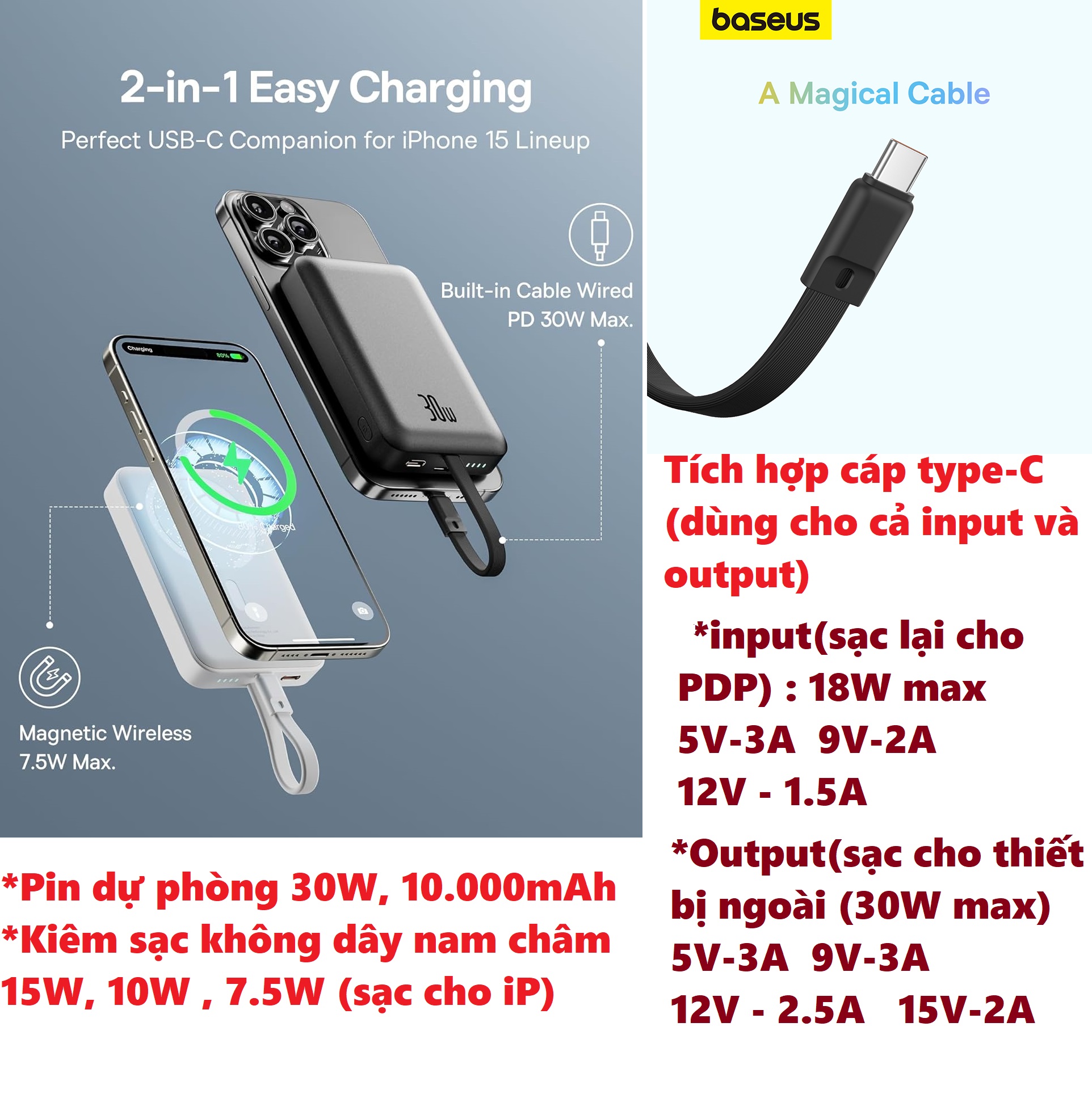 [30W - 10000mAh] Pin dự phòng không dây nam châm tích hợp cáp  C / ip hỗ trợ sạc nhanh Baseus PPCXM10T_ Hàng chính hãng