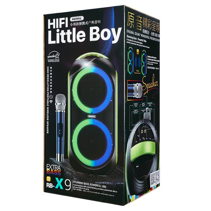 Loa Kéo Bluetooth Karaoke Remax RB-X9 Little Boy LED RGB công suất kép 15W*2 kèm 1 micro không dây - Hàng nhập khẩu