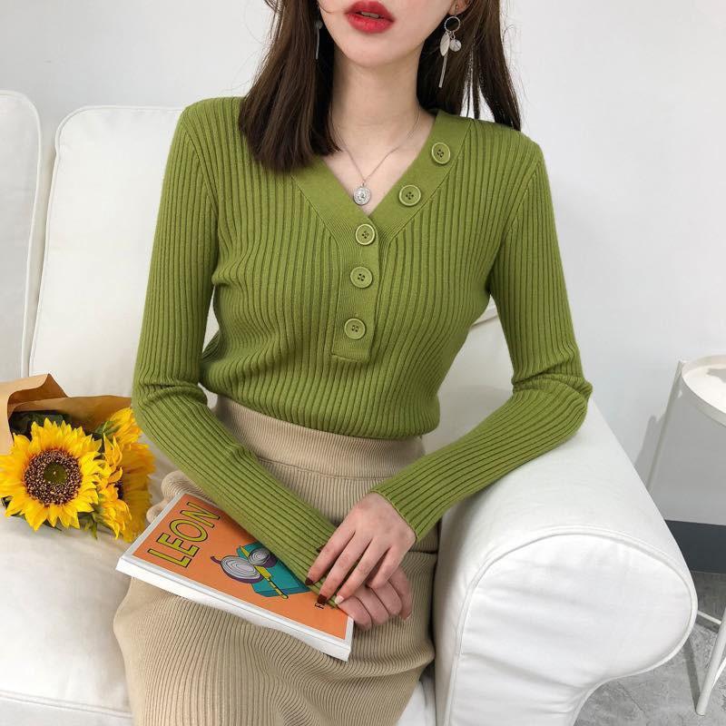 Áo sweater thời trang nữ tay dài cổ chữ V màu trơn