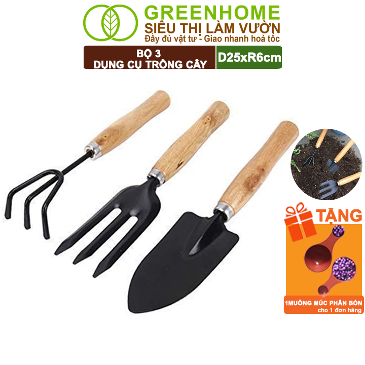 Dụng Cụ Làm Vườn Greenhome, D25Cm, Cán Gỗ, Lưỡi Thép, Gồm Xẻng Xúc Đất, Cào, Chĩa, Trồng Cây, Làm Cỏ Dễ Dàng - 1B Dụng Cụ D25
