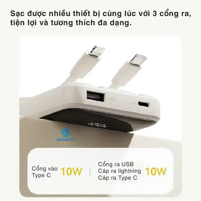 Pin sạc dự phòng Rock P55 Rockspace 10.000mAh tích hợp dây sạc - hàng chính hãng bảo hành 12 tháng