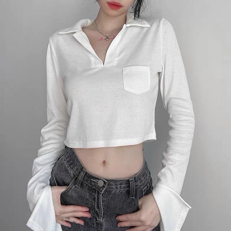 Áo Croptop Nữ Dài Tay Cổ Bẻ Túi Ngực Trơn
