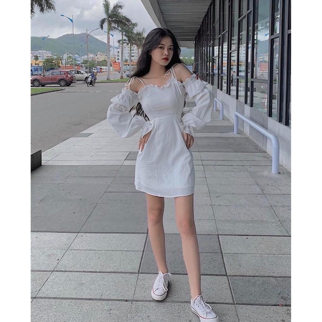 Váy đầm nữ hai dây màu trắng trễ vai tay bo thun , kiểu dáng trẻ trung dễ thương thích hợp mặc đi chơi, di tiệc