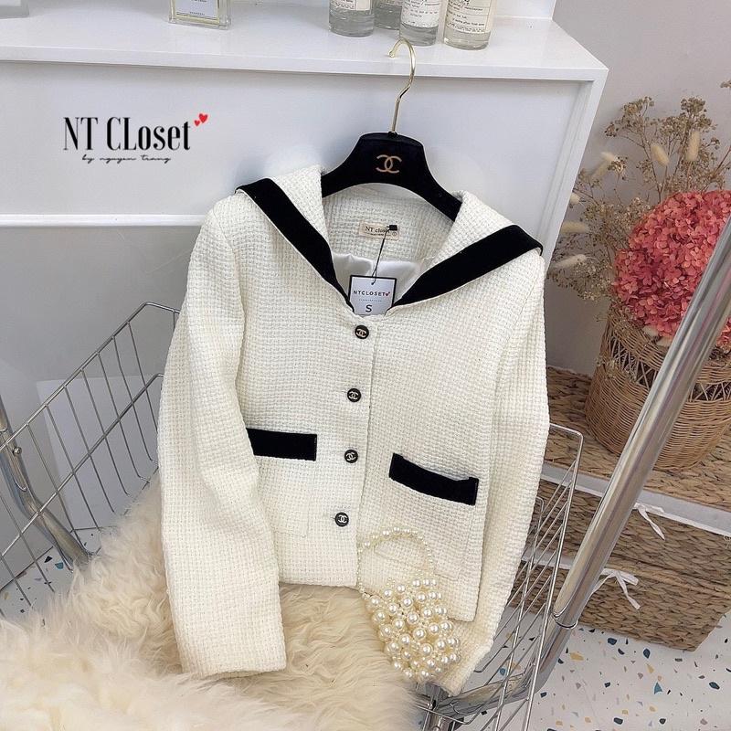 Áo khoác dạ tweed trắng viền đen cổ thuỷ thủ chuẩn nt closet