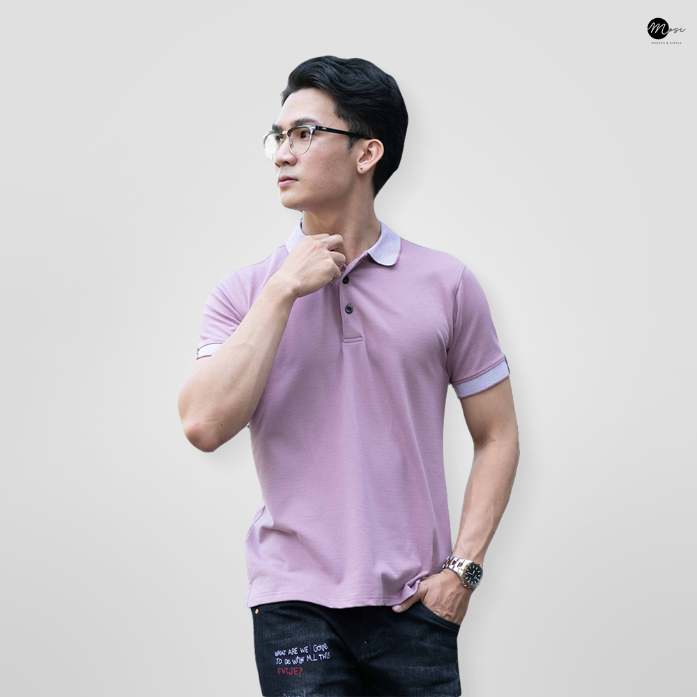 Áo polo nam cổ bẻ phối viền vải cotton chuẩn form, lịch sự, năng động, tím lợt - MOSI