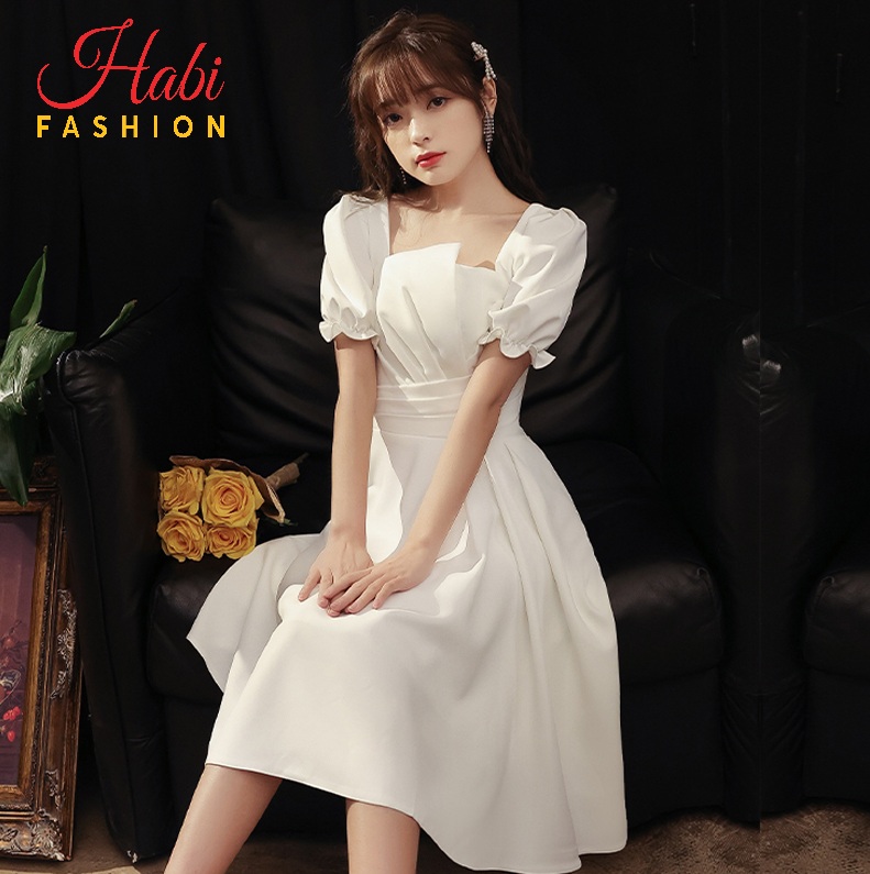 Váy trắng xòe xếp ly eo tay hoa ngực xinh, Đầm thiết kế công chúa đi chơi, dự tiệc... HOTTREND (Tay Hoa) Habie Fashion