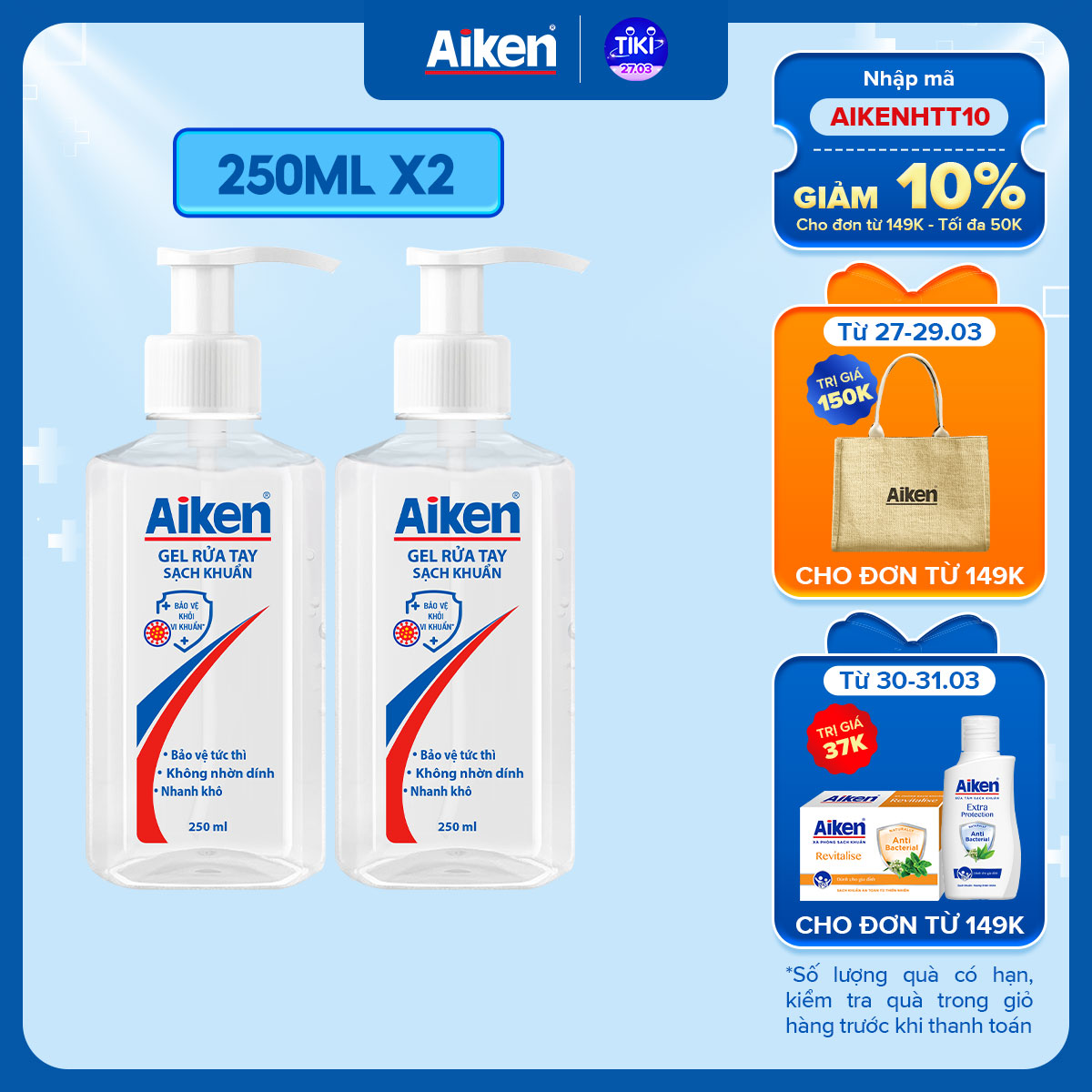 Aiken Combo 2 Gel rửa tay Sạch khuẩn 250ml/chai Dạng vòi