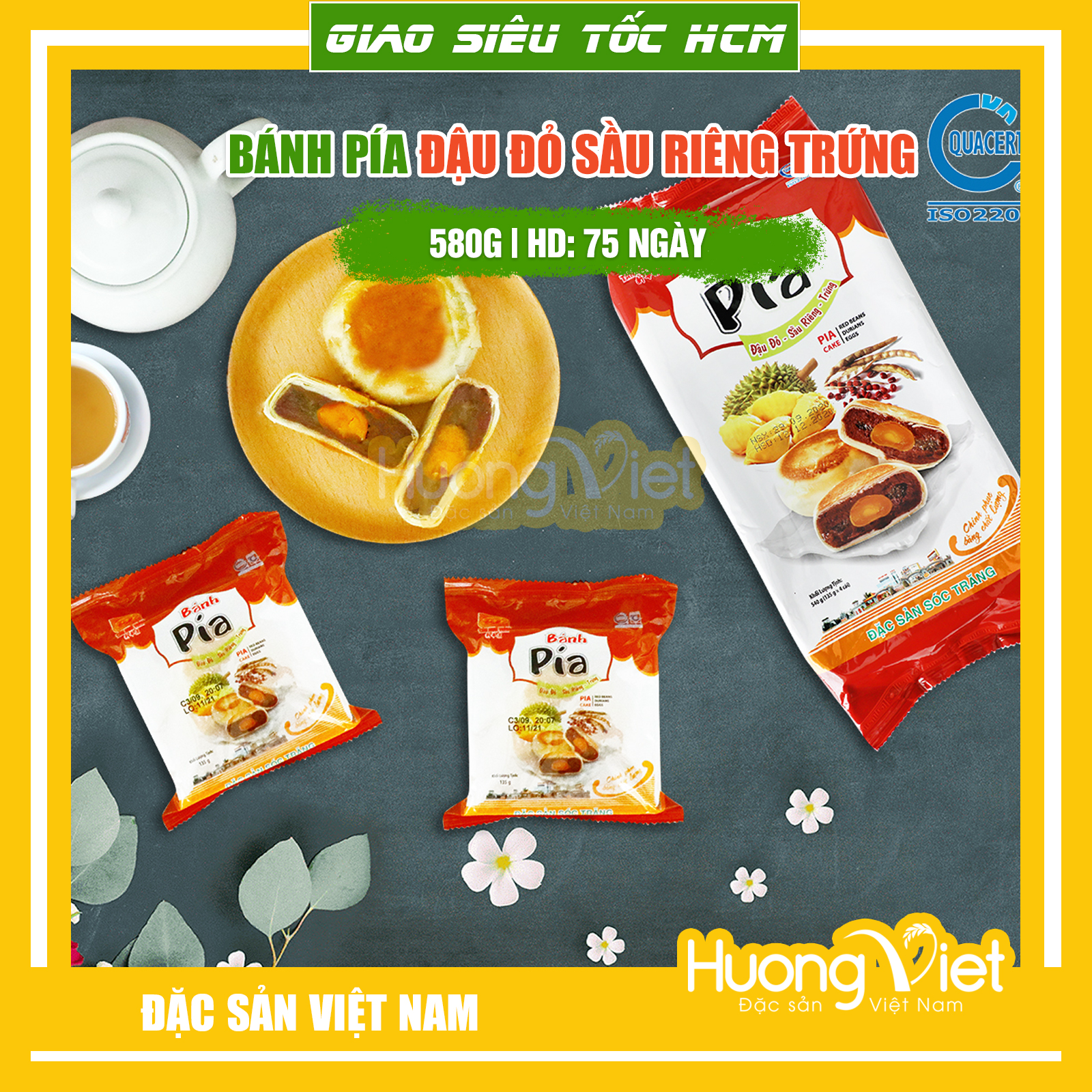 Đặc Sản Sóc Trăng - Bánh Pía Đậu Đỏ Sầu Riêng Trứng Muối 540G, Bánh Pía Sóc Trăng Tân Huê Viên Đậu Đỏ 1 Trứng