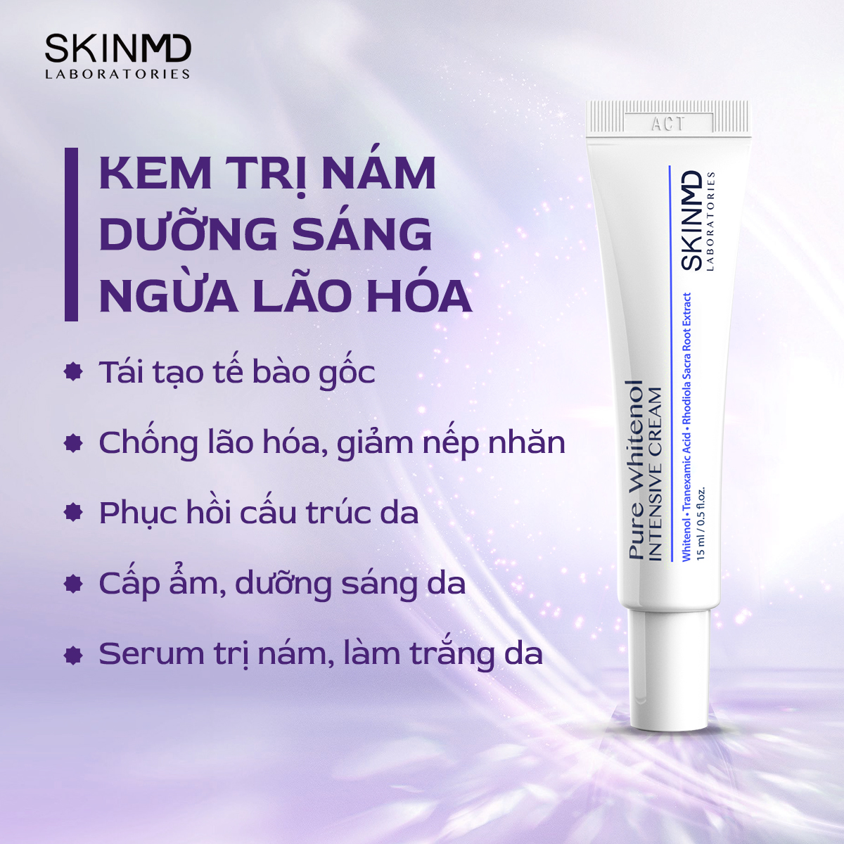 Bộ đôi mờ nám nâng cơ chuyên sâu SKINMD PURE WHITENOL INTENSIVE CREAM 15g và SKINMD REVITOX PEPTIDE CREAM 50g tác động mạnh mẽ giúp mờ nám trắng da mờ vết thâm