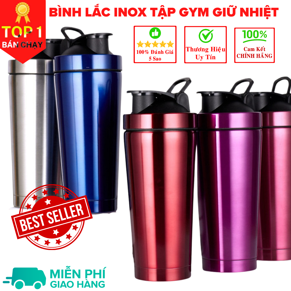 [Loại Cao Cấp - Giữ Nhiệt - Inox 304] bình lắc gym, bình lắc shaker, bình nước thể thao inox giữ nhiệt + kèm quả lắc Lò Xo - Hàng chính hãng DoDoDios