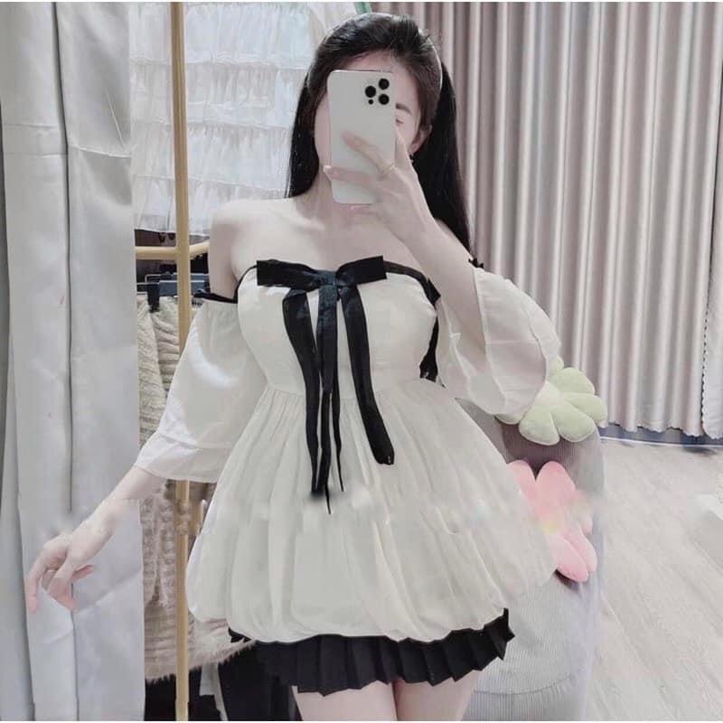 Set váy nữ sang chảnh phối áo trễ vai babydoll thắt nơ cực điệu + chân váy xòe xếp ly dáng ngắn lưng cao A01 - Be