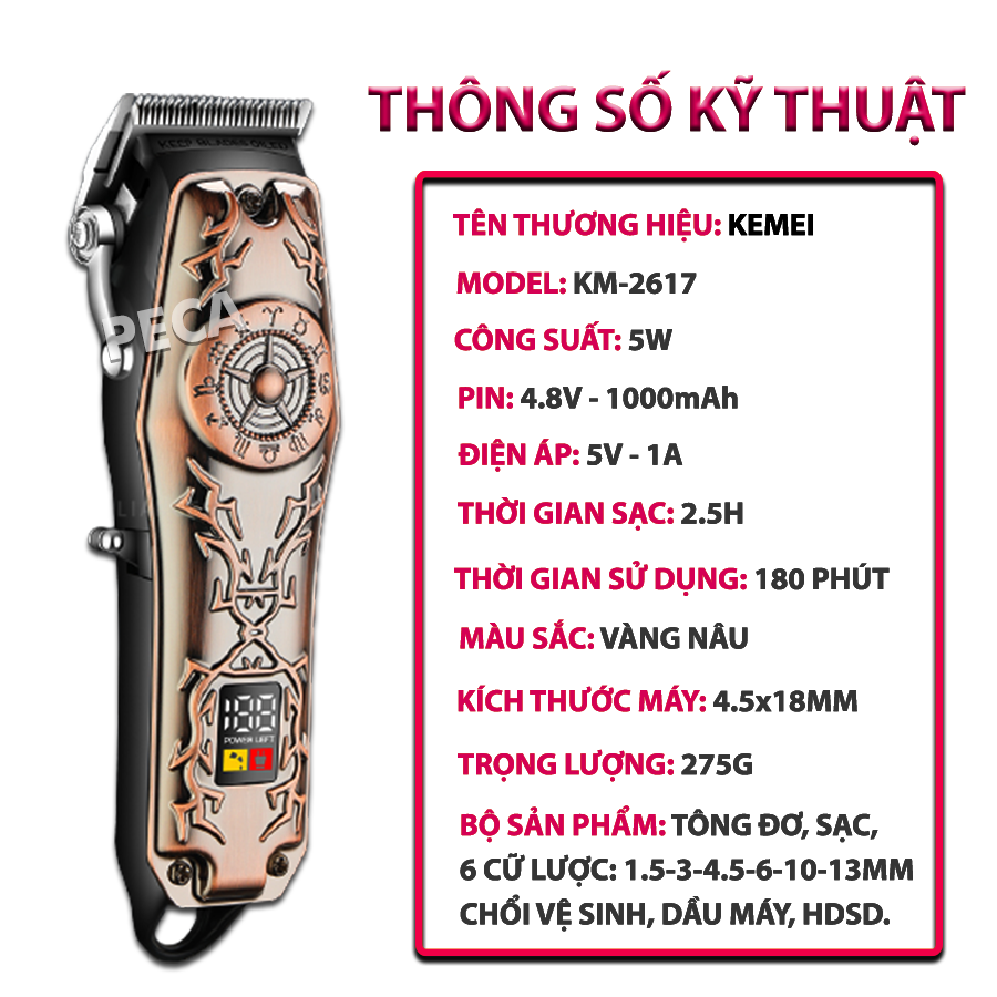 Tông đơ cắt tóc chuyên nghiệp Kemei KM-2617 công suất mạnh 5W có màn hình LCD vỏ bọc thép hoa văn sạc nhanh pin trâu tặng kèm cữ lược 1.5mm và 4.5 mm