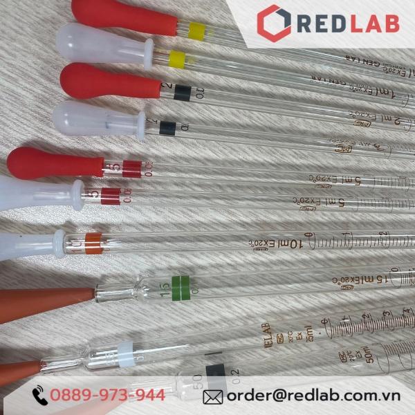 Combo pipet thủy tinh loại dài có chia vạch nhiều thể tích 1ml 2ml 5ml và quả bóp Cao Su / Silicon đi kèm