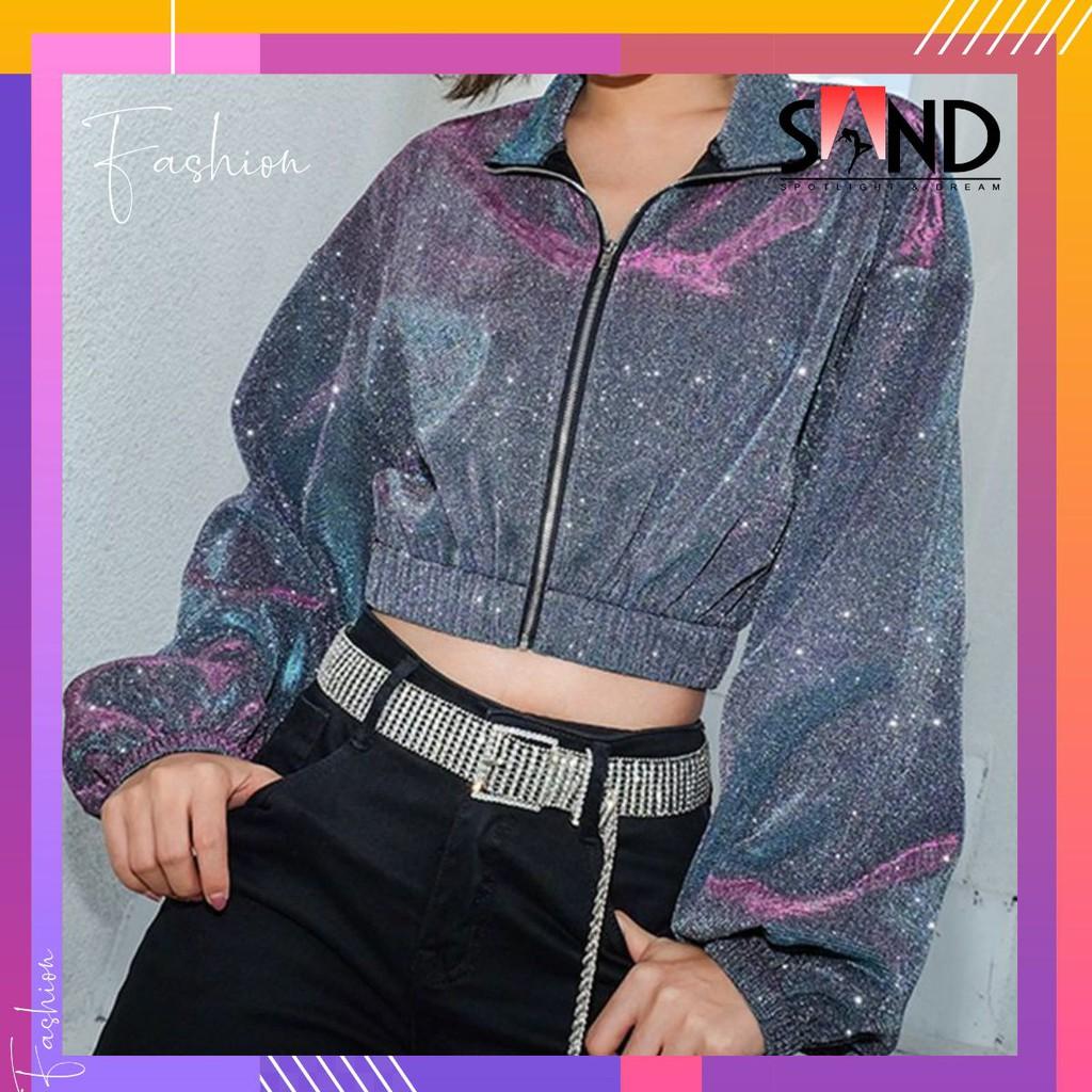 Áo crop-top Dây Kéo Ánh Kim