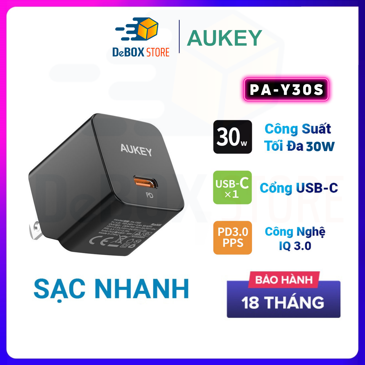 Cốc sạc nhanh AUKEY PD PPS 30W PA-Y30S | SẠC NHANH DÀNH CHO IP 13 Series - Hàng Chính Hãng