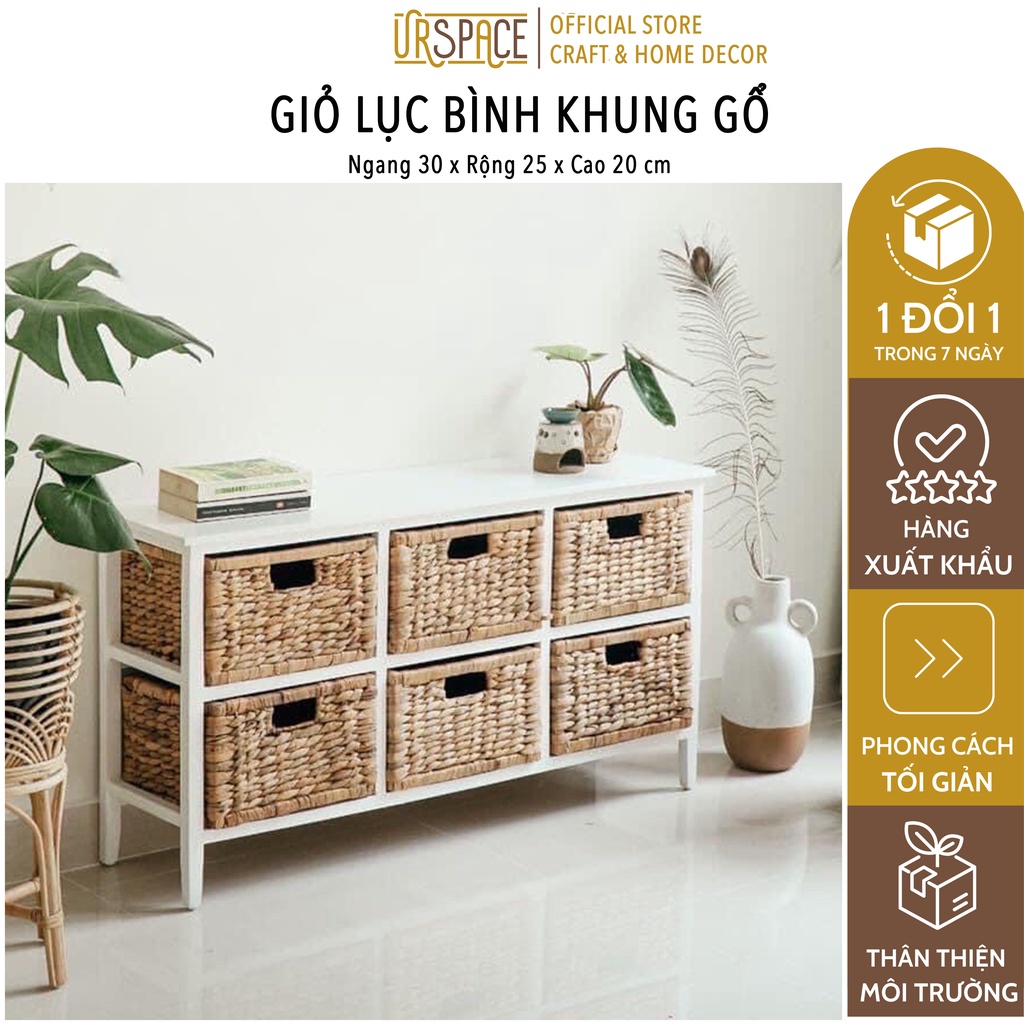 Sọt cói (lục bình) chữ nhật khung gỗ trang trí đa năng Ur Space/ Howen rectangle hyacinth storage basket for home