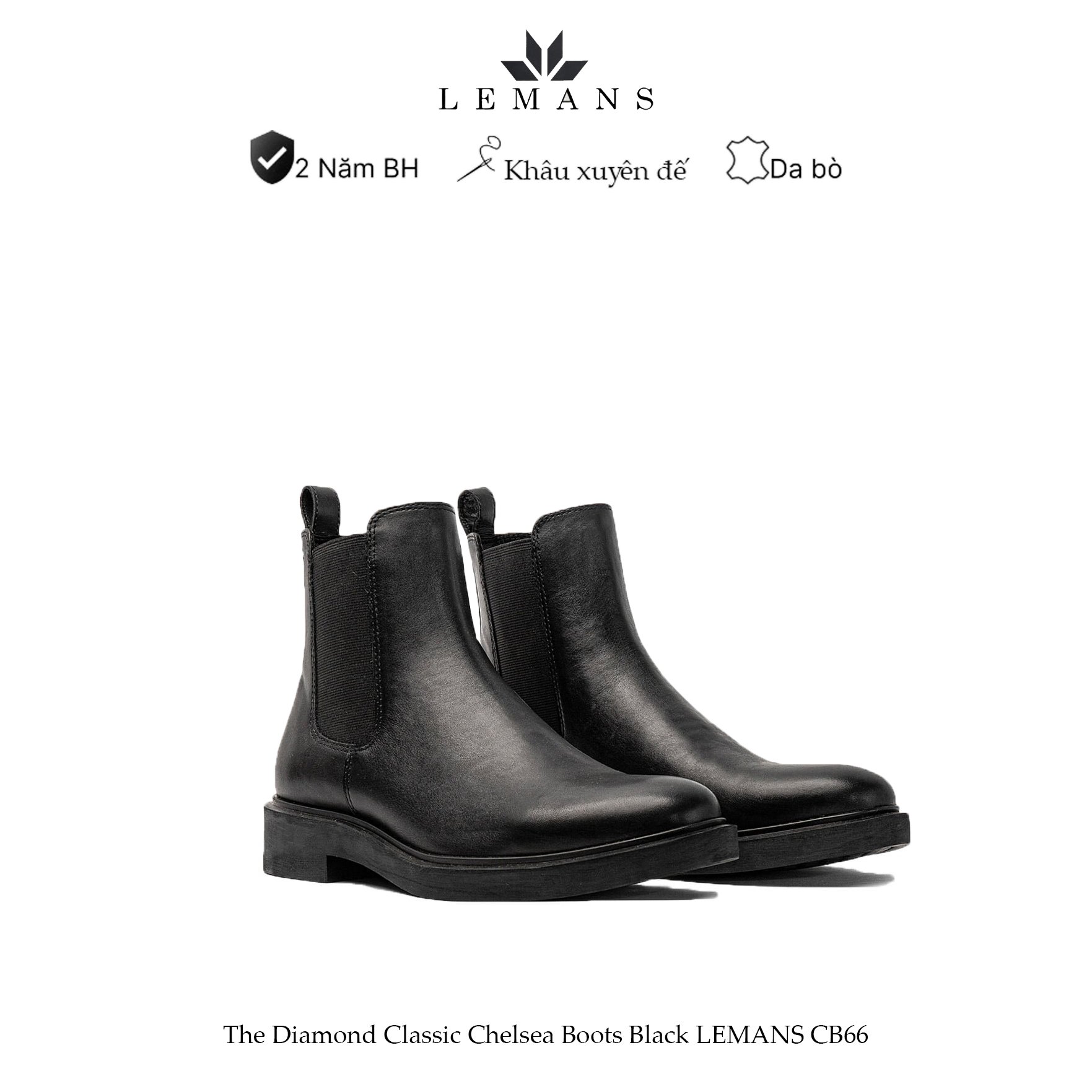 Giày da bò Chelsea Boots Black LEMANS CB66, đế lemans cao 4cm, boot nam chelsea boot nam, bảo hành 24 tháng