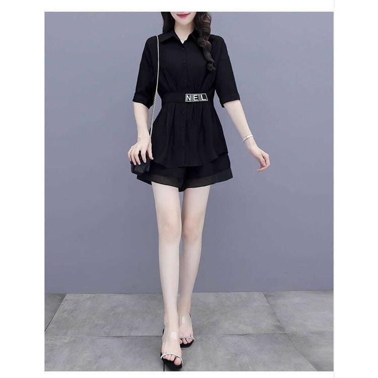 Set bộ short kiểu áo sơ mi phối chữ NEL