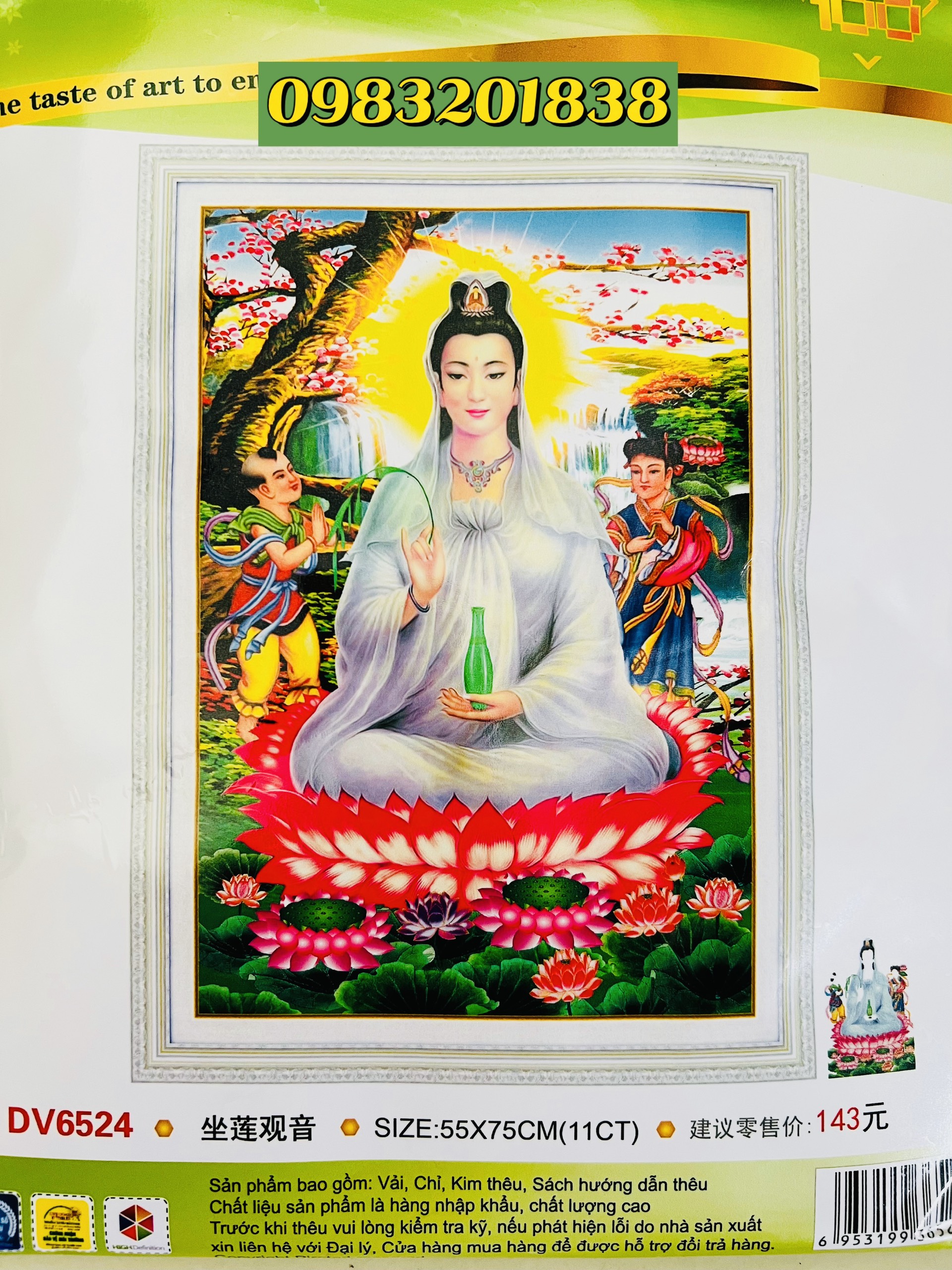 Tranh thêu chữ thập Quan âm DV6524, kích thước 55*75 cm