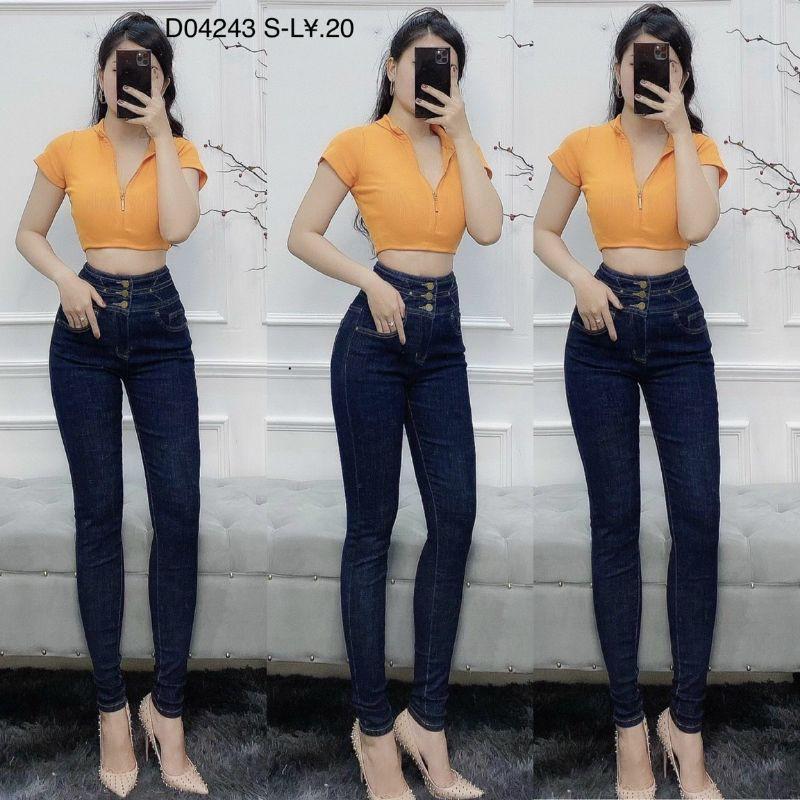 Quần jeans nữ lưng cao 3 nút chất jeans giấy cao cấp - D0424