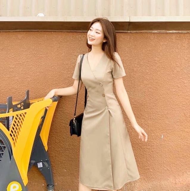 Đầm maxi dài tay ngắn cổ V 3 nút gỗ tôn dáng 4 màu - DYDY DRESS T160(Có Ảnh Cận Chất Vải)