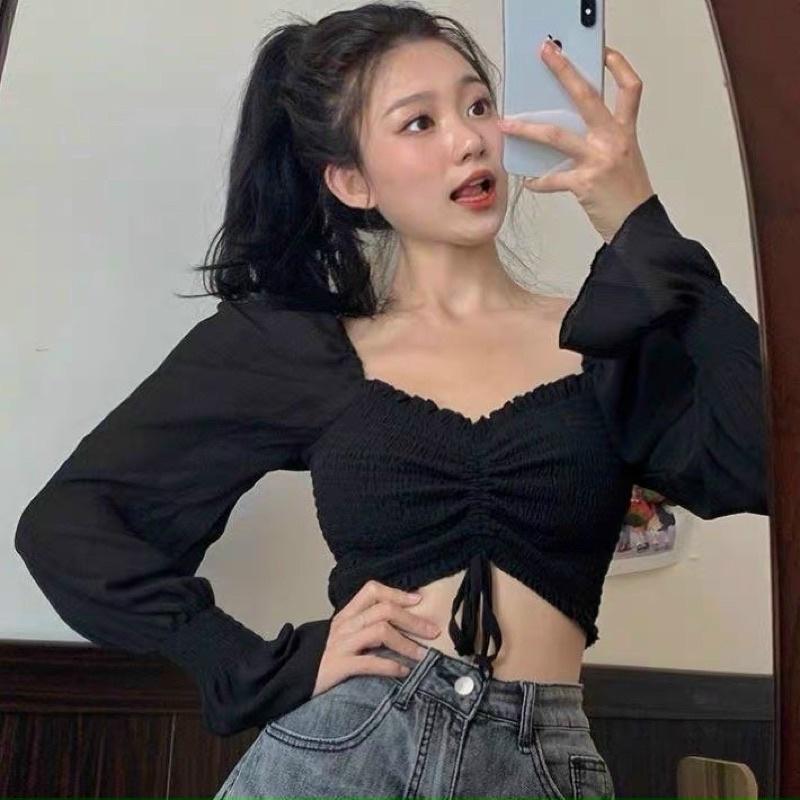 Áo Croptop Trễ Vai Voan Rút Nhún Thân Tay Dài A5020
