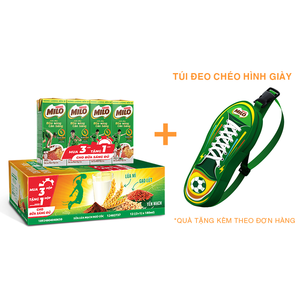 Sữa Lúa Mạch Nestlé Milo Bữa Sáng Thùng 36 Hộp x 180ml (12x3x180ml) - [Tặng Túi Đeo Chéo Hình Giày - Giao mẫu ngẫu nhiên]