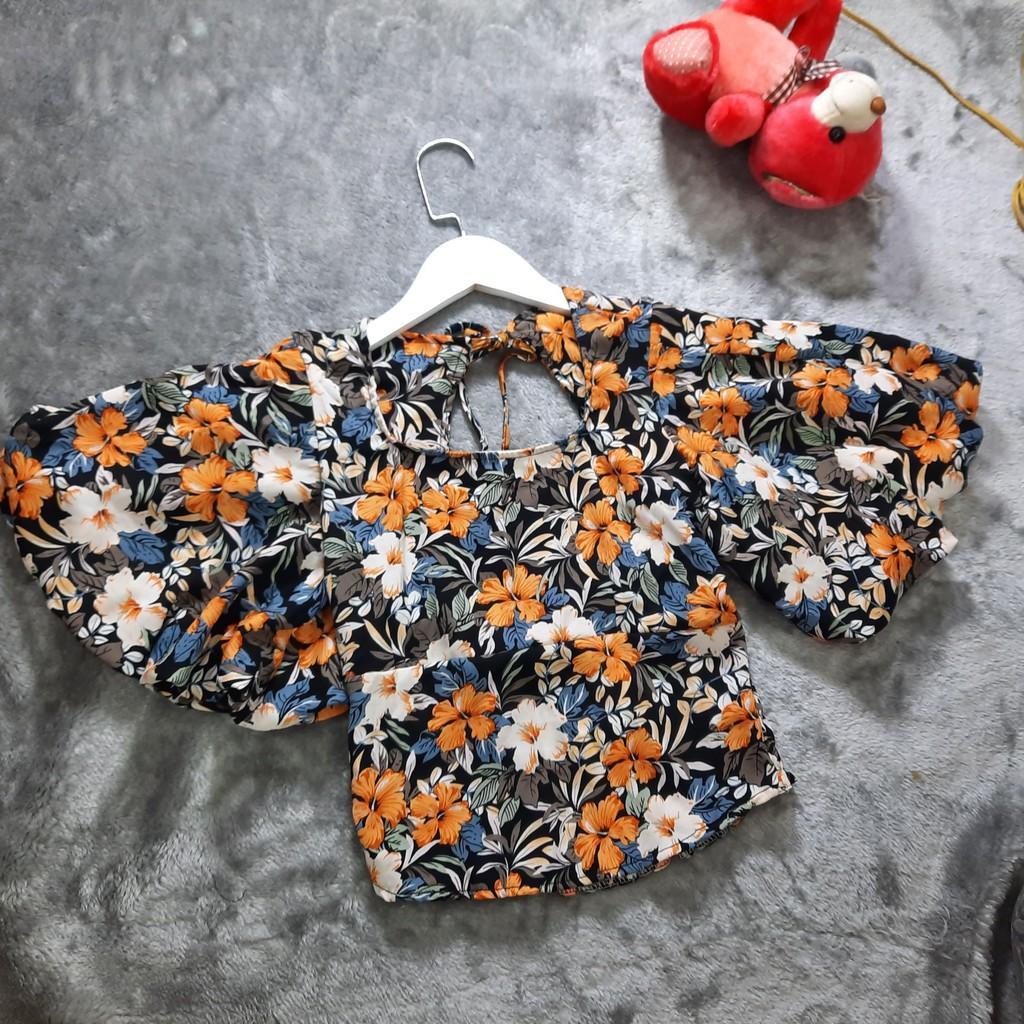 Áo hoa nhí tay phồng thắt nơ khoét hở lưng style cổ điển kiểu Pháp mùa hè