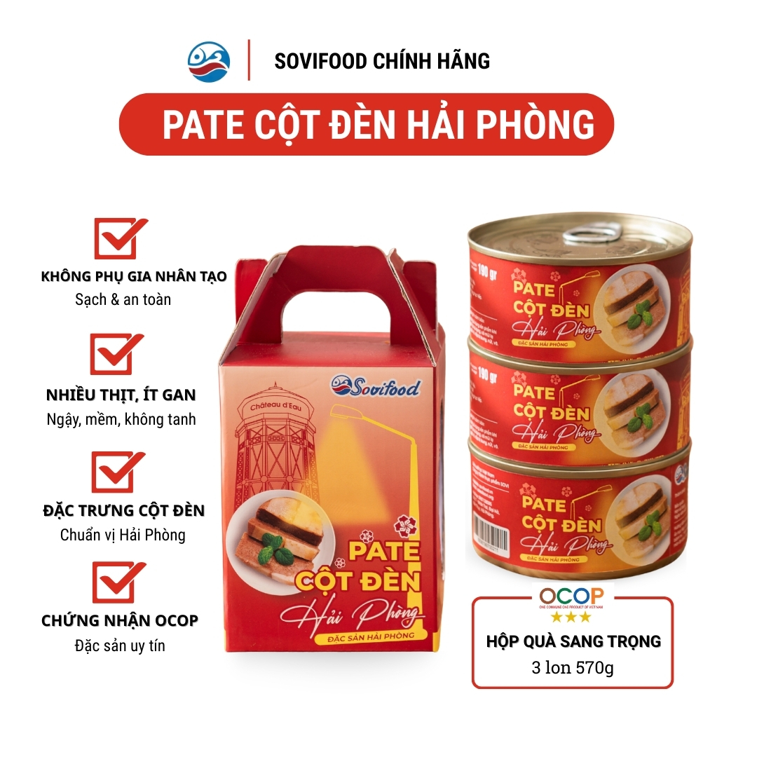 Xách Hộp Quà 3 Lon - Pate Cột Đèn Hải Phòng Sovifood - Nhiều Thịt, Ít Gan – 570G