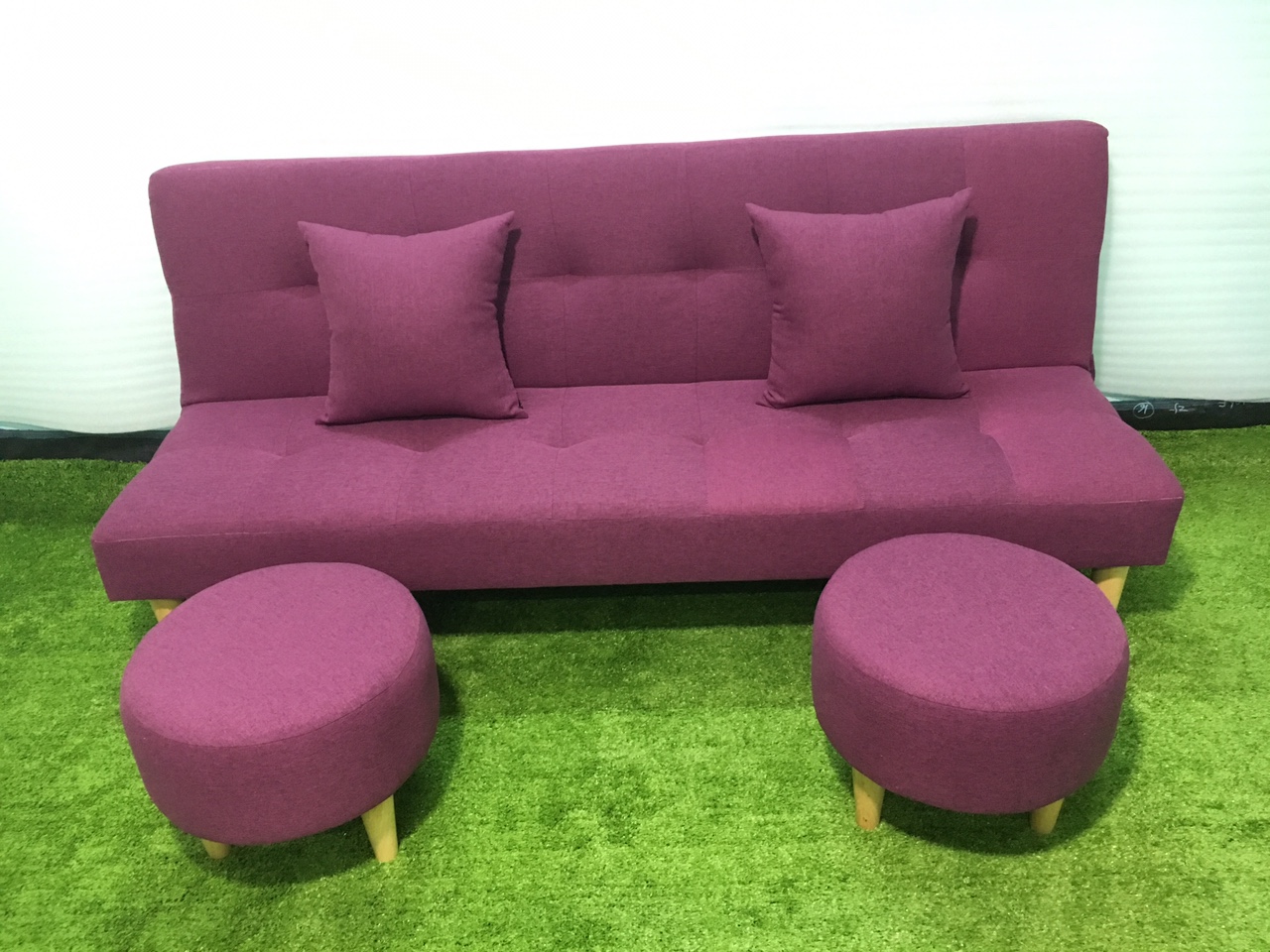 Bộ sofa bed tím bố BT vs 2 ghế đôn tròn, sofa giường, ghế sofa phòng khách, salon, sopha, sô pha, sa lông