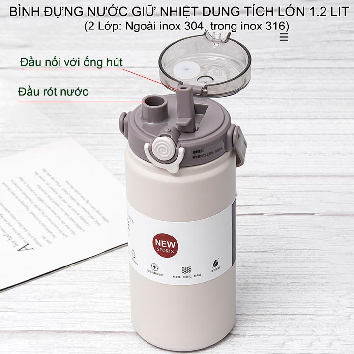 Bình đựng nước giữ nhiệt bằng inox 316 với 2 lớp giữ nhiệt 8-12 tiếng, có ống hút, dung tích 1.2 Lít