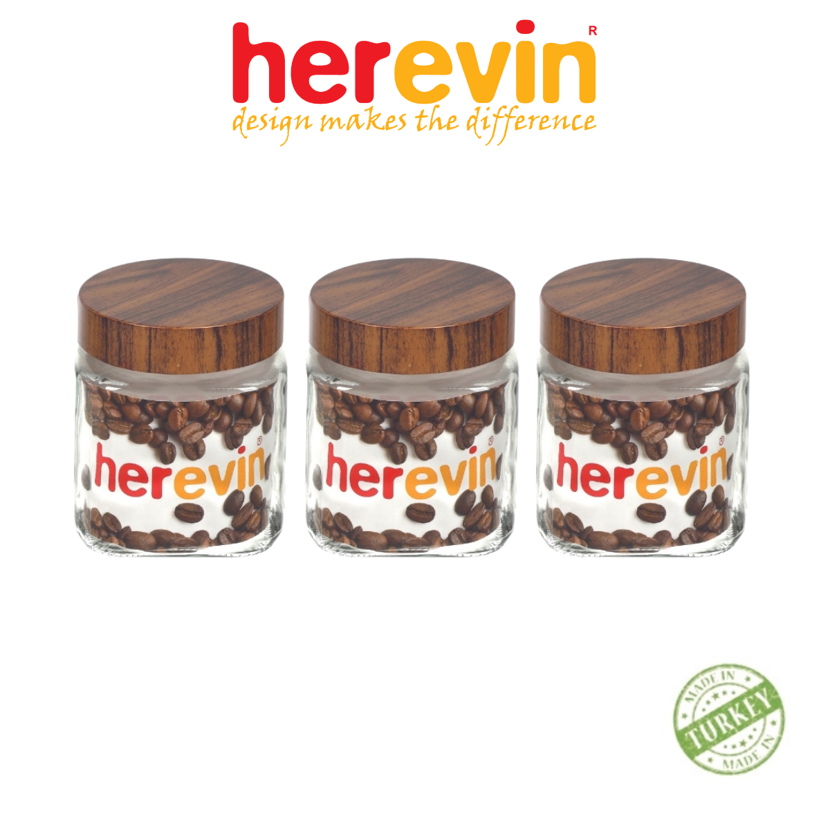 Bộ 3 Hũ Thủy Tinh Herevin Vuông Nắp Woody 1L - HEHU231010-205