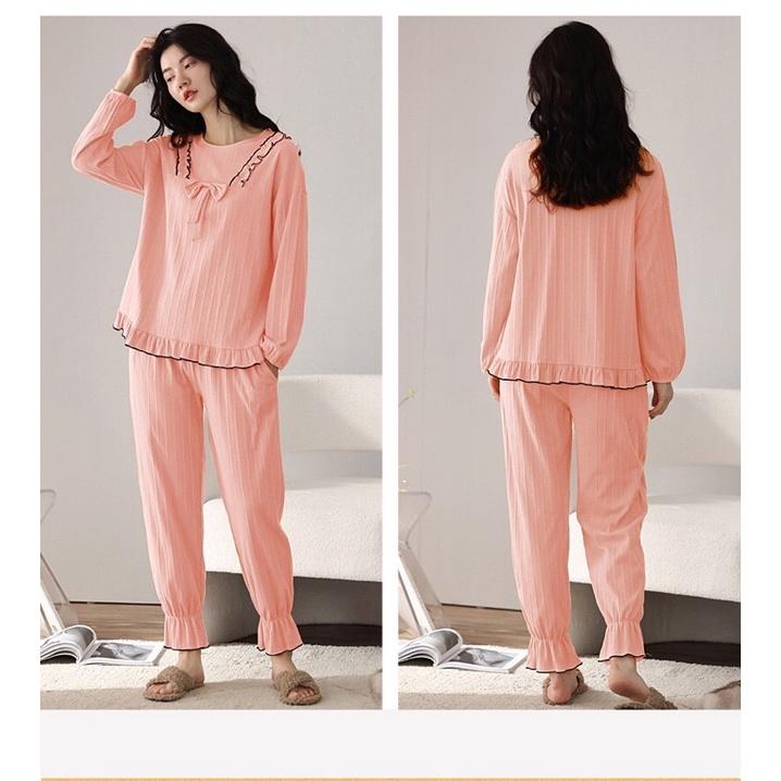 Đồ bộ Thu Đông nữ mới nhất, vải cotton 100% mềm mại thoáng khí, màu hồng tôn da, họa tiết và thiết kế độc
