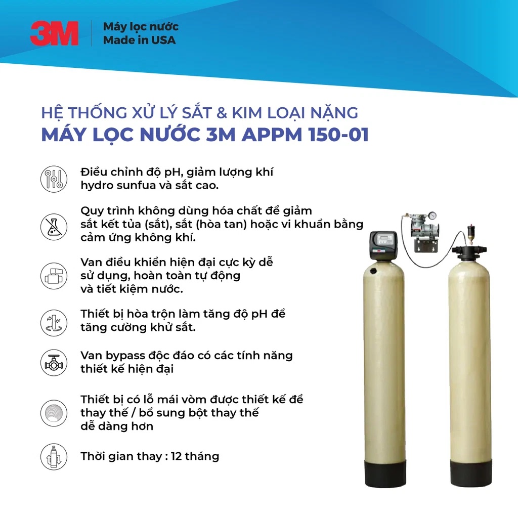 [GIAO LẮP TOÀN QUỐC] Hệ Thống Xử Lý Sắt &amp; Kim Loại Nặng 3M APPM150 Công Suất 170.343 Lít, Lưu Lượng 26.5 Lít/Phút, Phù Hợp Mọi Nguồn Nước Đầu Vào, Nước Giếng Khoan, 3MAPPM150 Vận Hành Tự Động Và Tiết Kiệm Nước - Nhập Khẩu Mỹ, Hàng Chính Hãng 3M