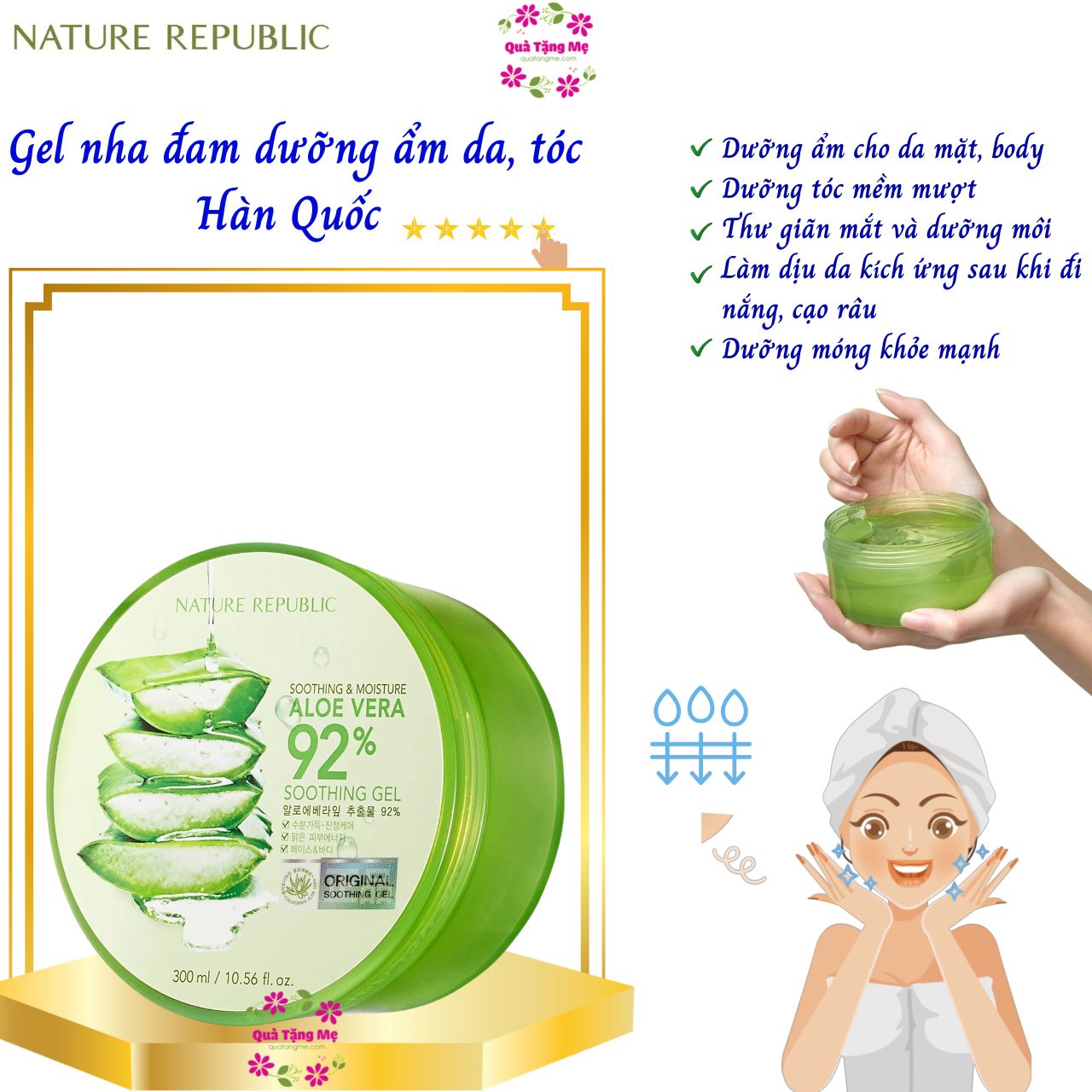 Dưỡng Ẩm Da, Tóc Gel Nha Đam Hàn Quốc Nature Republic Soothing &amp; Moisture Aloe Vera 92% Soothing Gel