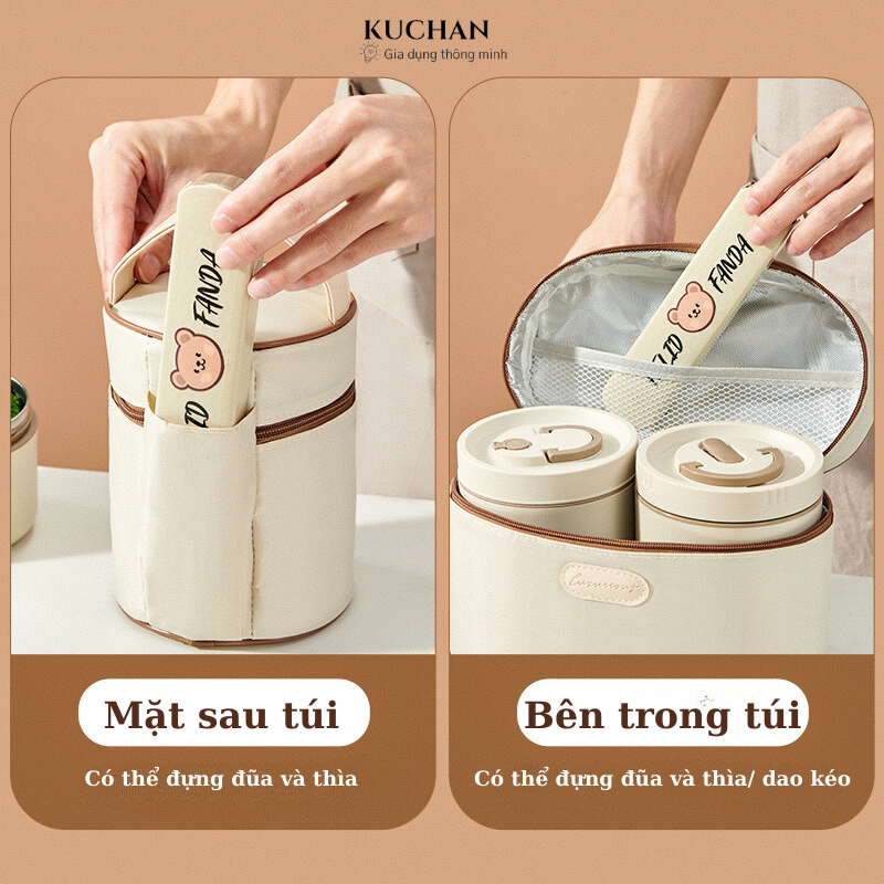 Hộp Đựng Cơm Giữ Nhiệt Lucky INOX 304 - Dung tích 1L - 2L Tặng kèm túi và Bộ dụng cụ ăn