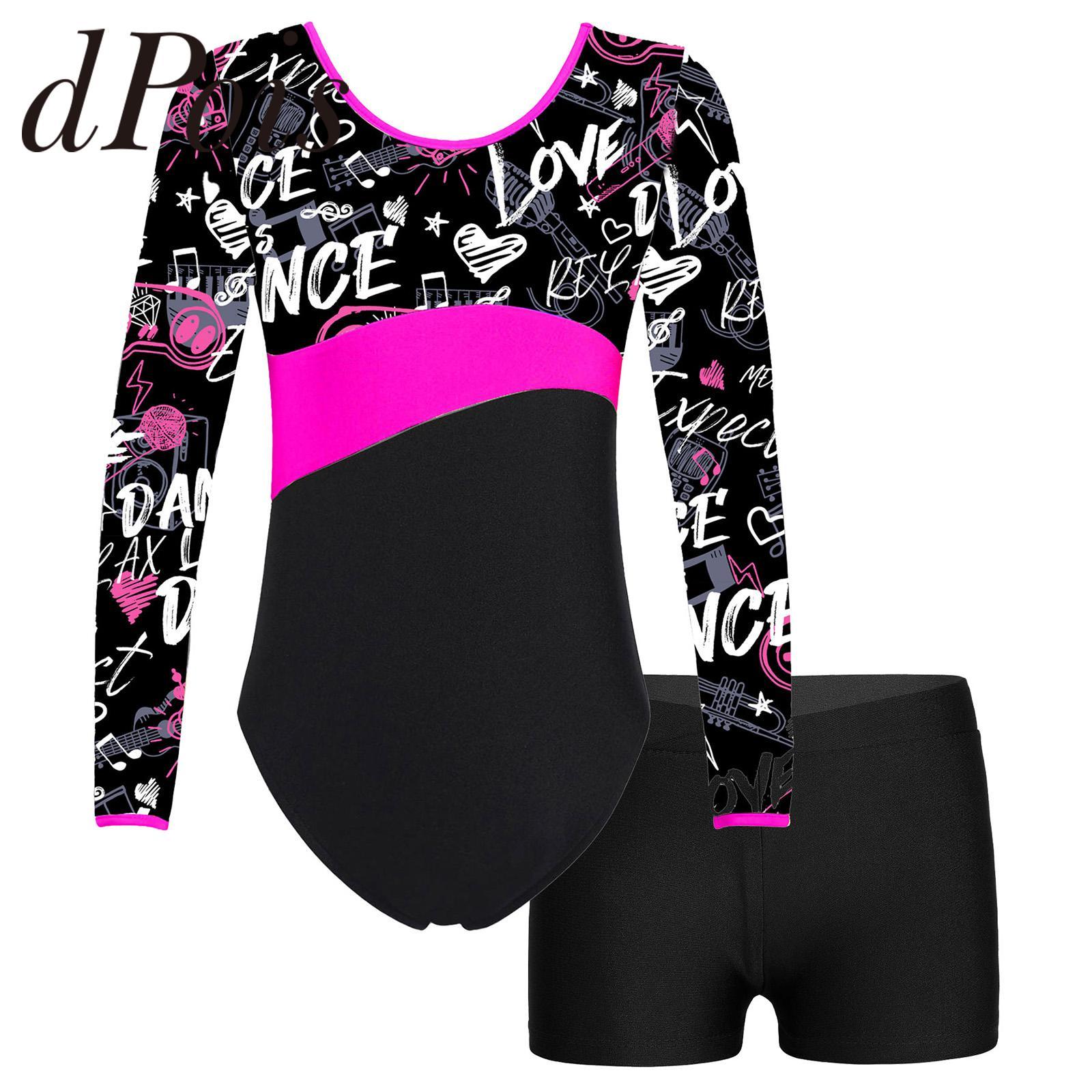Trẻ em dài tay thể dục dụng cụ thể dục dụng cụ với bộ quần short quần áo cho bộ trang phục khiêu vũ nhảy múa baketard thể thao yoga Color: Starry Black Size: 14 3XL