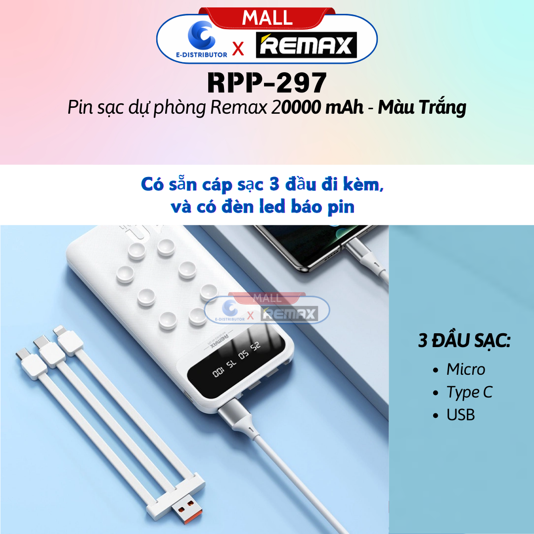 Pin sạc dự phòng Remax RPP-297 20000mAh - Hàng Chính Hãng - Bảo Hành 12 Tháng