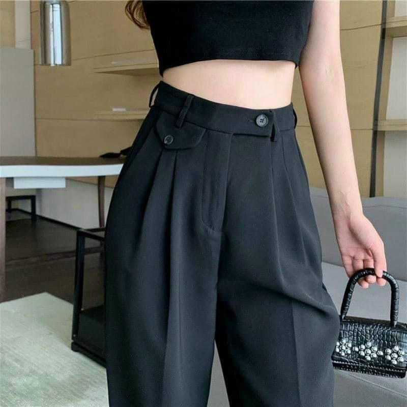 Quần tây nữ ống rộng dài 100cm lưng cao cạp lệch túi nắp trước 2 khuy độc lạ-Kèm ảnh thật khách mặc