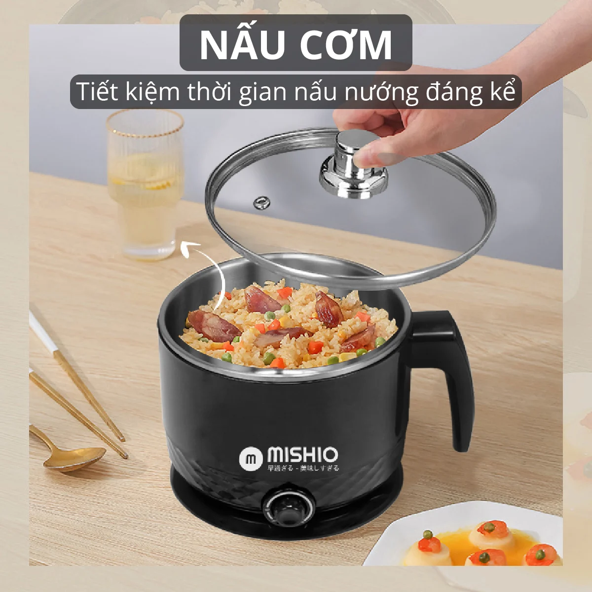 Ca nấu đa năng Mishio MK214 600W 1,5L inox 304, nấu nước, nấu mì, lẩu - Màu trắng xám - Hàng chính hãng