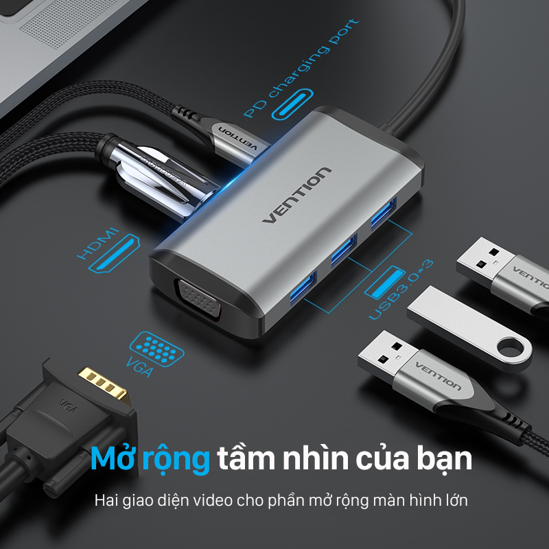 Bộ chuyển đổi Type-C sang VGA + HDMI + 3 cổng USB 3.0 + Sạc Type-C PD 87W Vention TGSHB  - hàng chính hãng