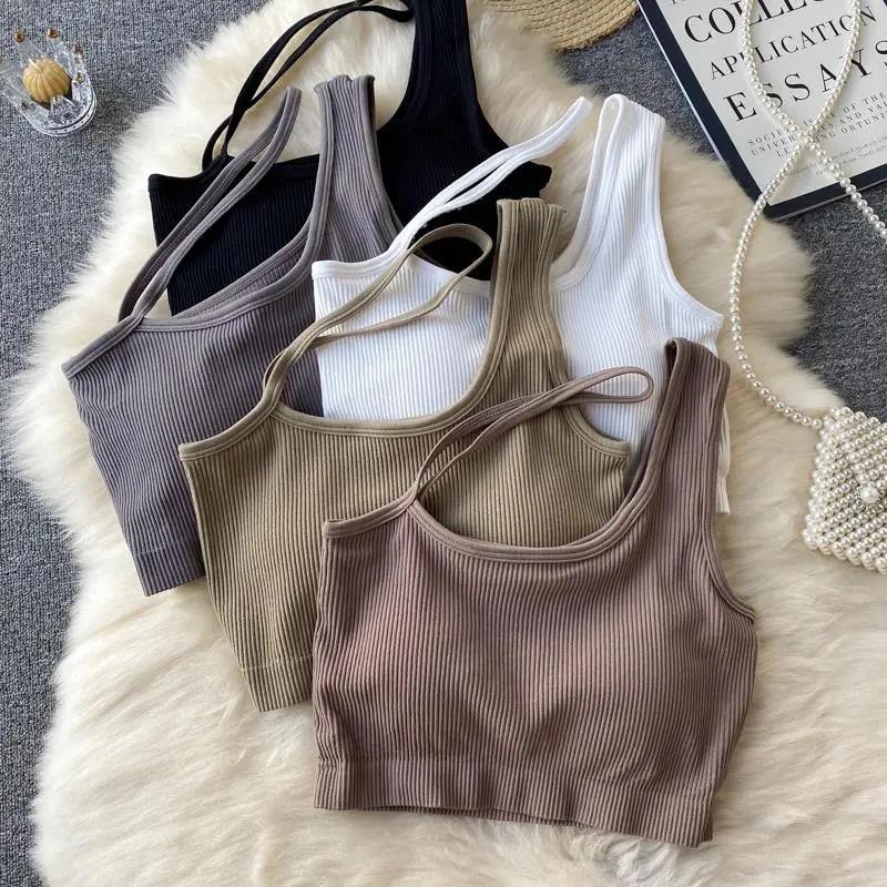 Áo Croptop Cổ Hai Dây Chéo Nữ Màu Đen Trắng Xám Chất Cotton Tăm Siêu Co Dãn Có Đệm Mút Không Tay Sexy Loại 1 Cá Tính