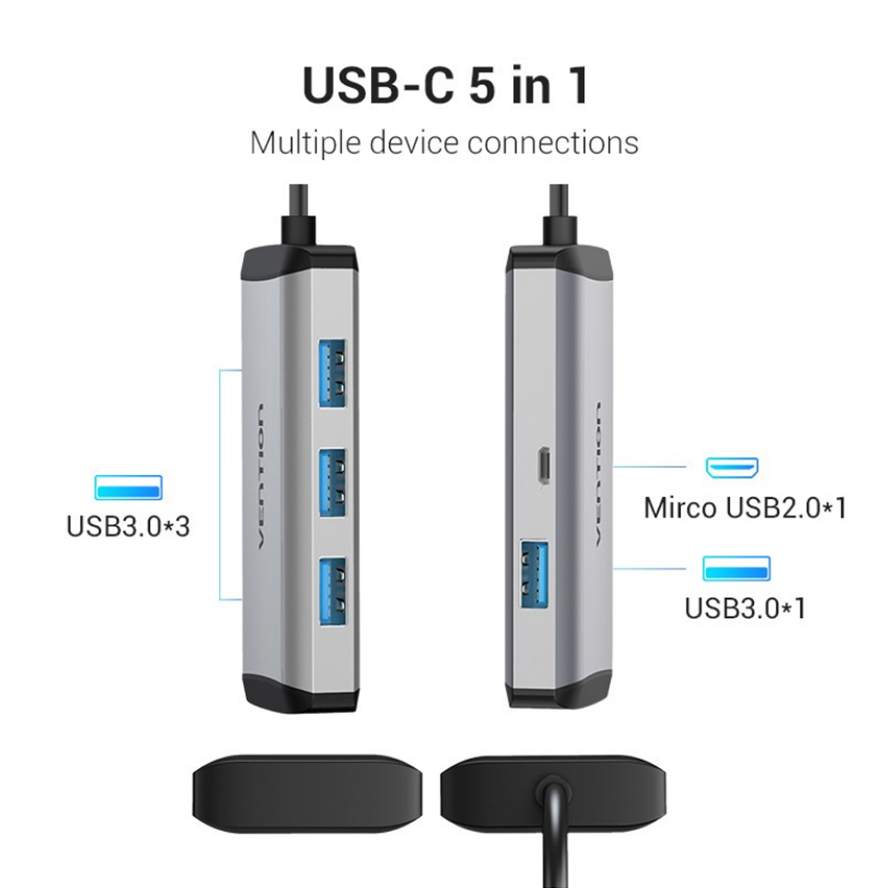 Cáp chuyển USB Type C to 4*USB 3.0 + PD Micro USB Vention TGCHB (5 in 1) - Hàng chính hãng