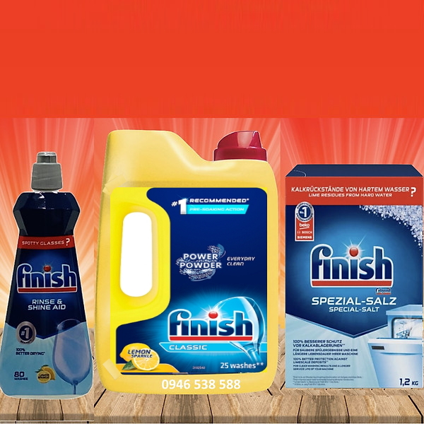 Combo Bột rửa bát Finish 2,5kg + Muối 1,2kg + Nước làm bóng 400ml