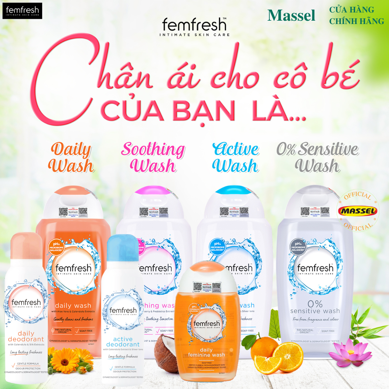 Dung dịch vệ sinh phụ khoa cao cấp Femfresh giúp làm sạch, khử mùi, diệt khuẩn, phòng viêm nhiễm cho cả nữ và nam - Massel Official