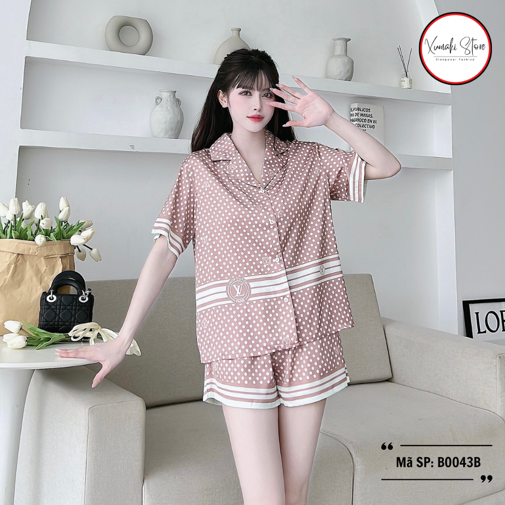 Bộ pijamas nữ áo cộc quần đùi họa tiết chấm bi chất lụa cao cấp Xumaki Store BO043B