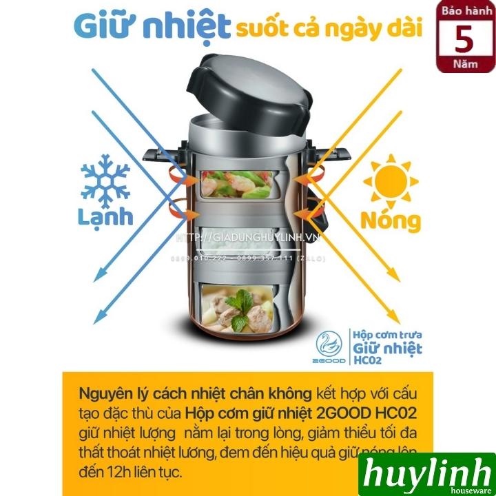 Hộp cơm giữ nhiệt 3 ngăn 2Good HC02 - 2 lít - Tặng túi xách - Kèm Đũa - Thìa - Bảo hành 5 năm - Hàng chính hãng