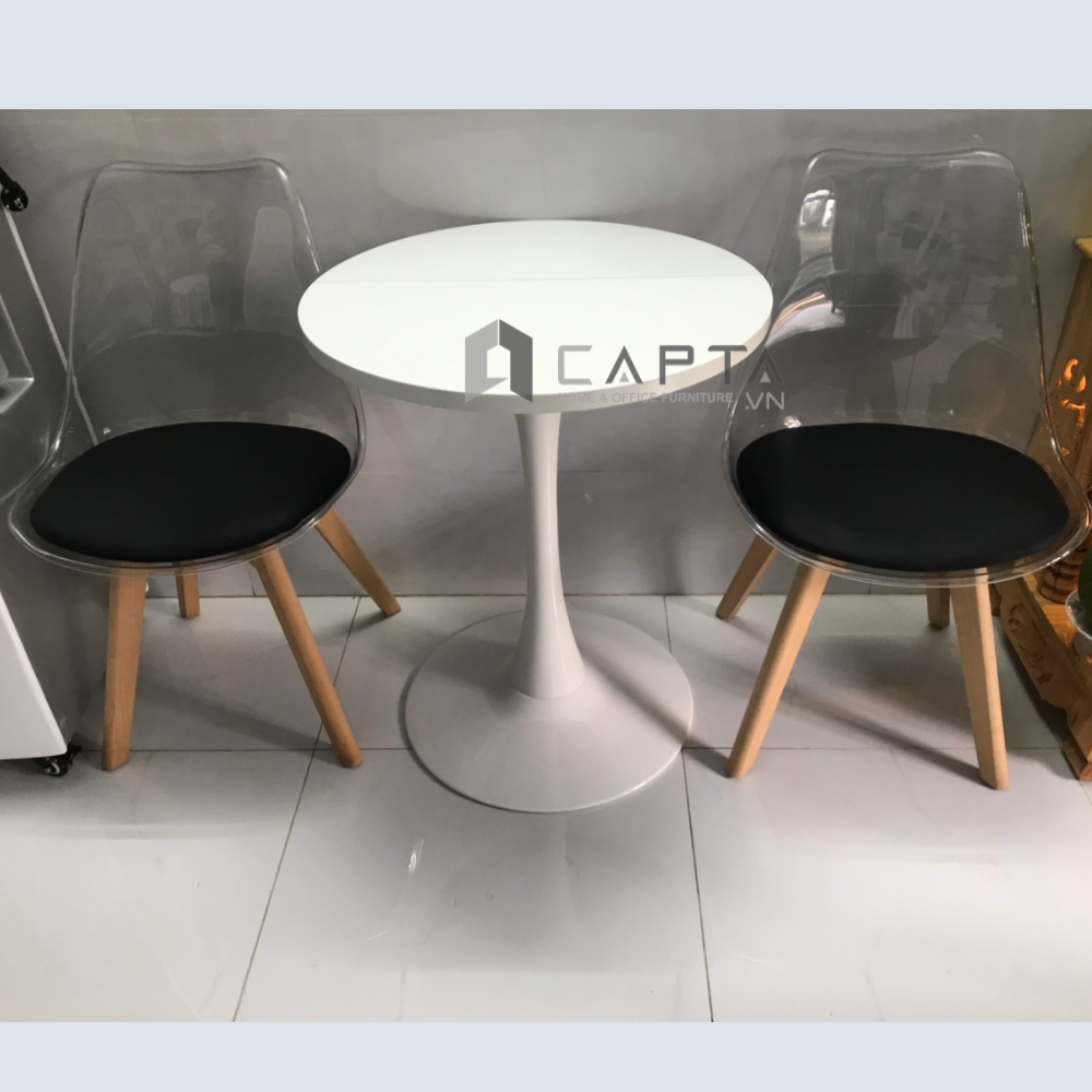 Bộ bàn tiếp khách 2 ghế Eames  thân nhựa trong suốt nệm PVC chân gỗ bàn chân trụ mặt tròn 60cm Bộ bàn ghế nhỏ gọn tiết kiệm diện tích SL TE TULIP 2-06W / DSW-PC3 Livingroom Compact Table Set